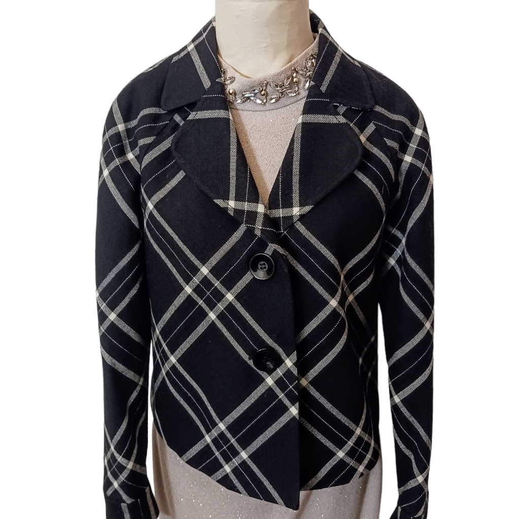 Wool Career Jacket Black White French Styled Boxy Short Blazer Geometric Sz 8